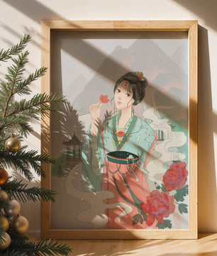 Elegant Asian woman with flowers and mountain background