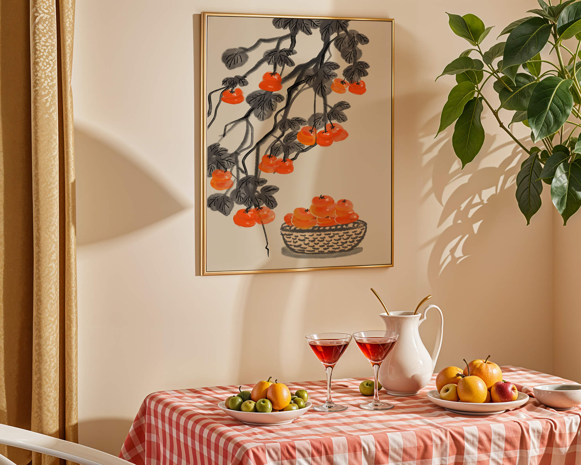 Artistic depiction of hanging persimmons with basket on watercolor canvas