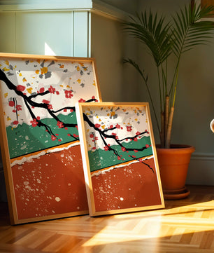 Artistic depiction of blossom branches with gold elements and abstract background