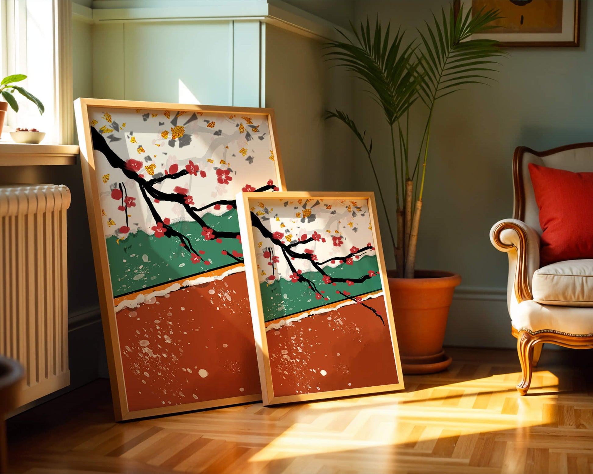 Artistic depiction of blossom branches with gold elements and abstract background