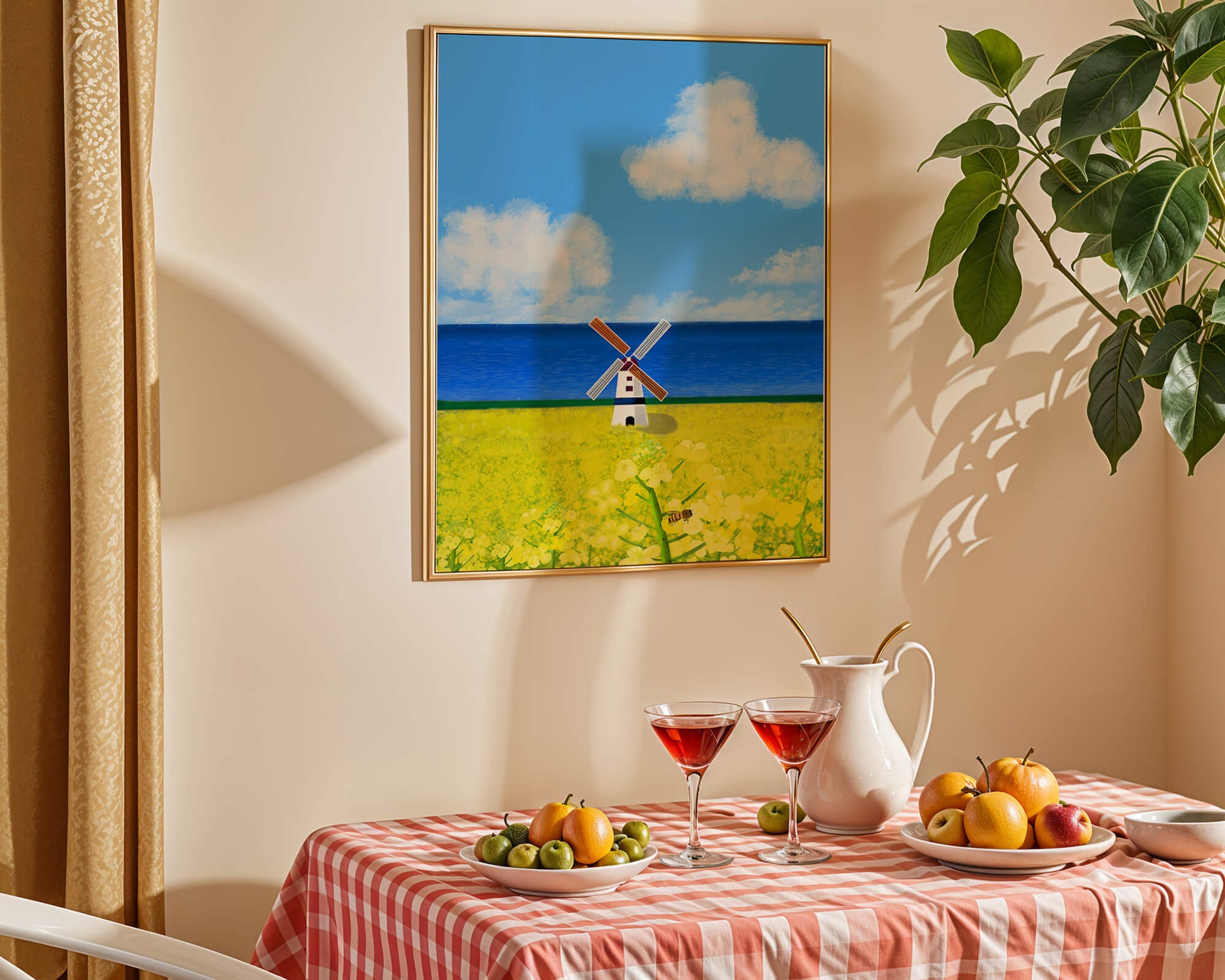 Scenic landscape with windmill in blooming field by the sea