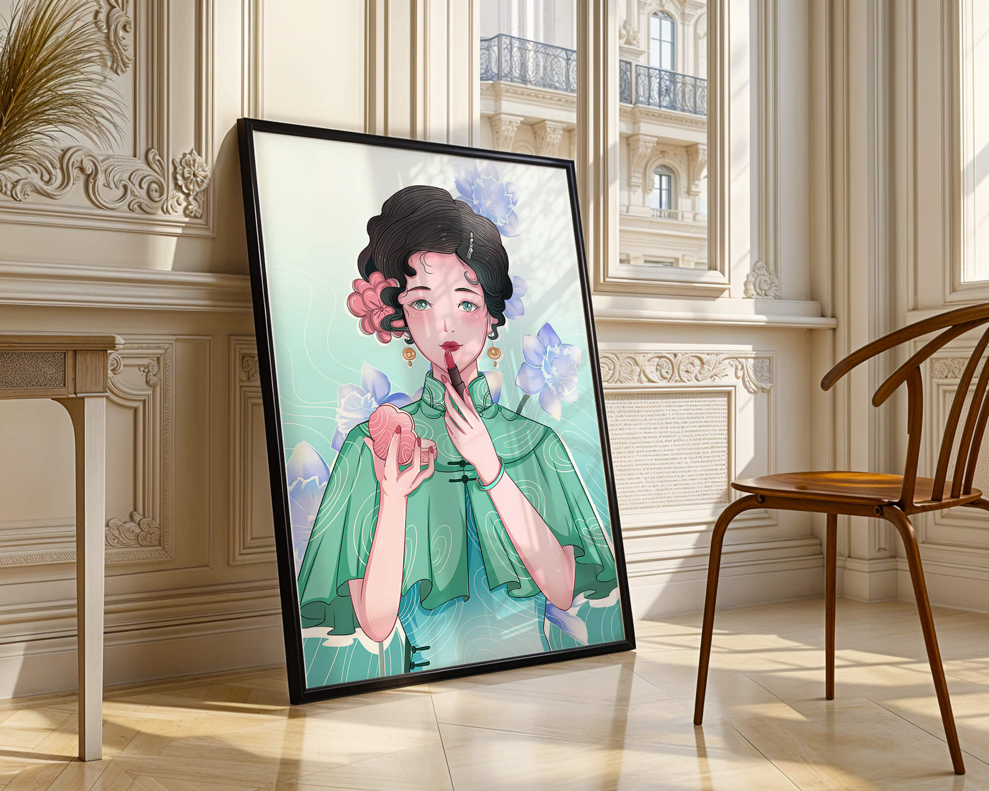 Woman applying lipstick with elegant floral background
