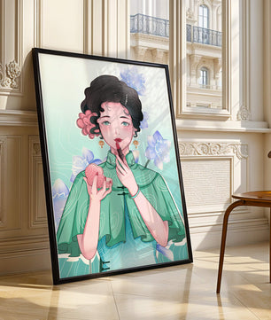 Woman applying lipstick with elegant floral background