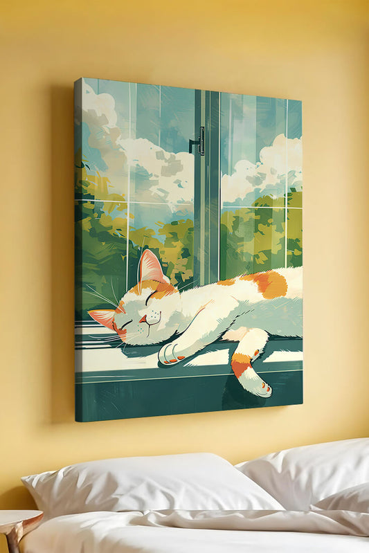 Peaceful Cat Napping by the Window with Sunlit Garden View