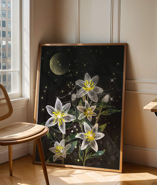 Floral Night Scene with Luminous Flowers and Golden Moon