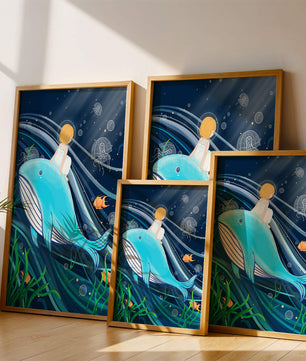Whimsisches Unterwasserszenario mit Kind und Blauwal