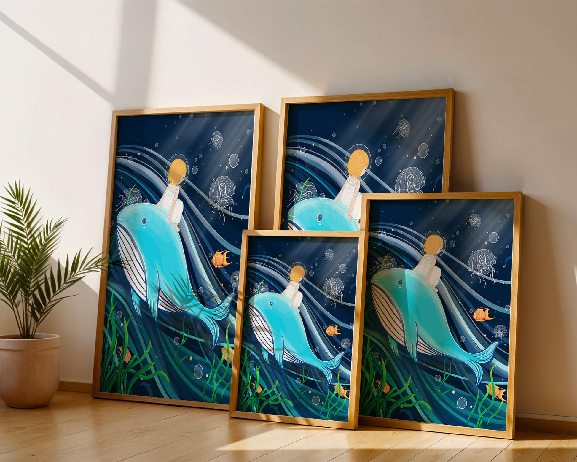 Whimsisches Unterwasserszenario mit Kind und Blauwal