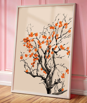 Elegant watercolor tree with vibrant orange fruit