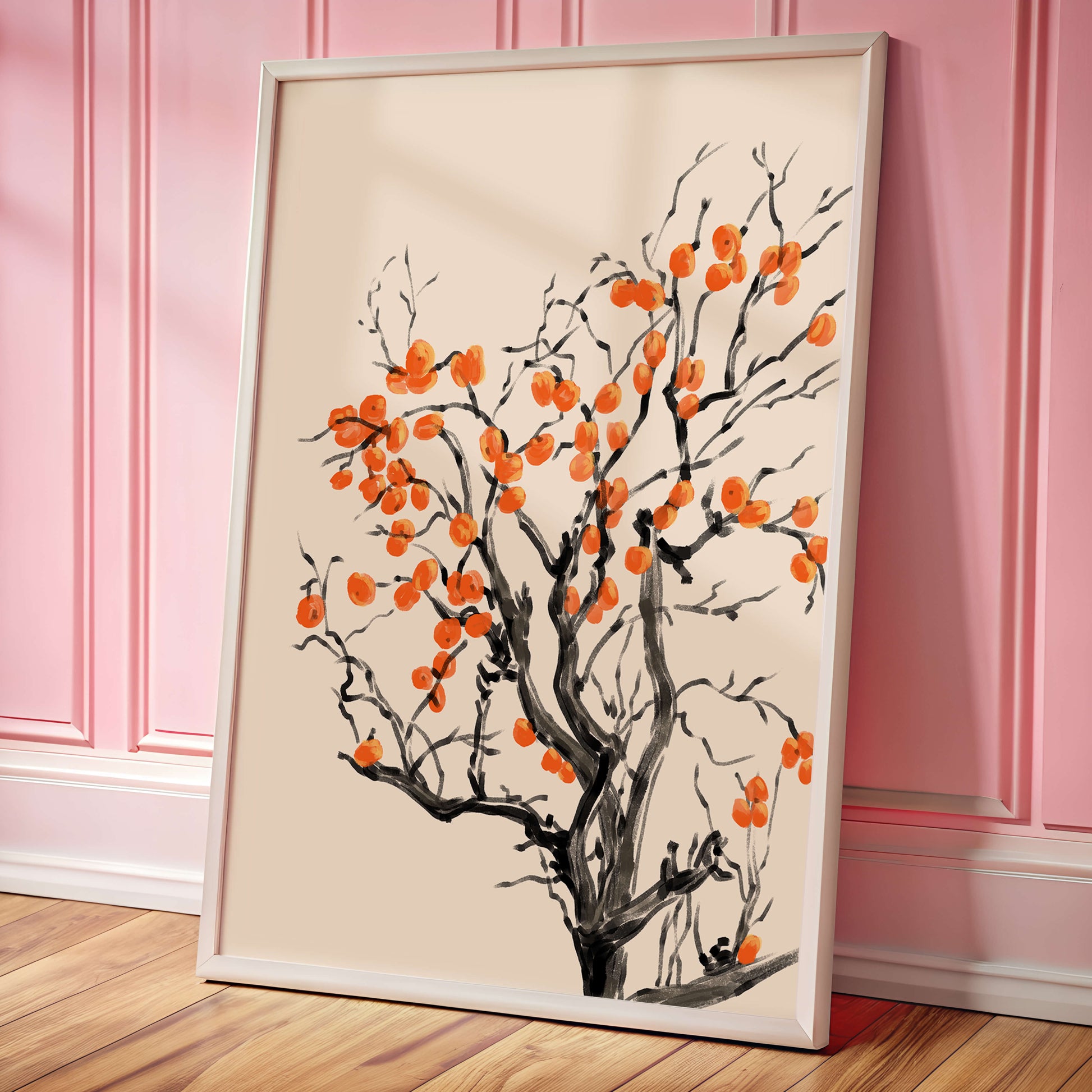 Elegant watercolor tree with vibrant orange fruit