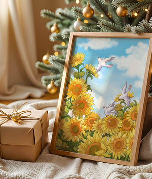 Friedliche Szene mit Sonnenblumen und Tauben unter einem strahlend blauen Himmel