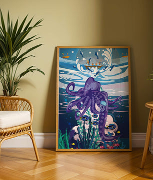Colorful underwater scene with octopus and fishing boat above