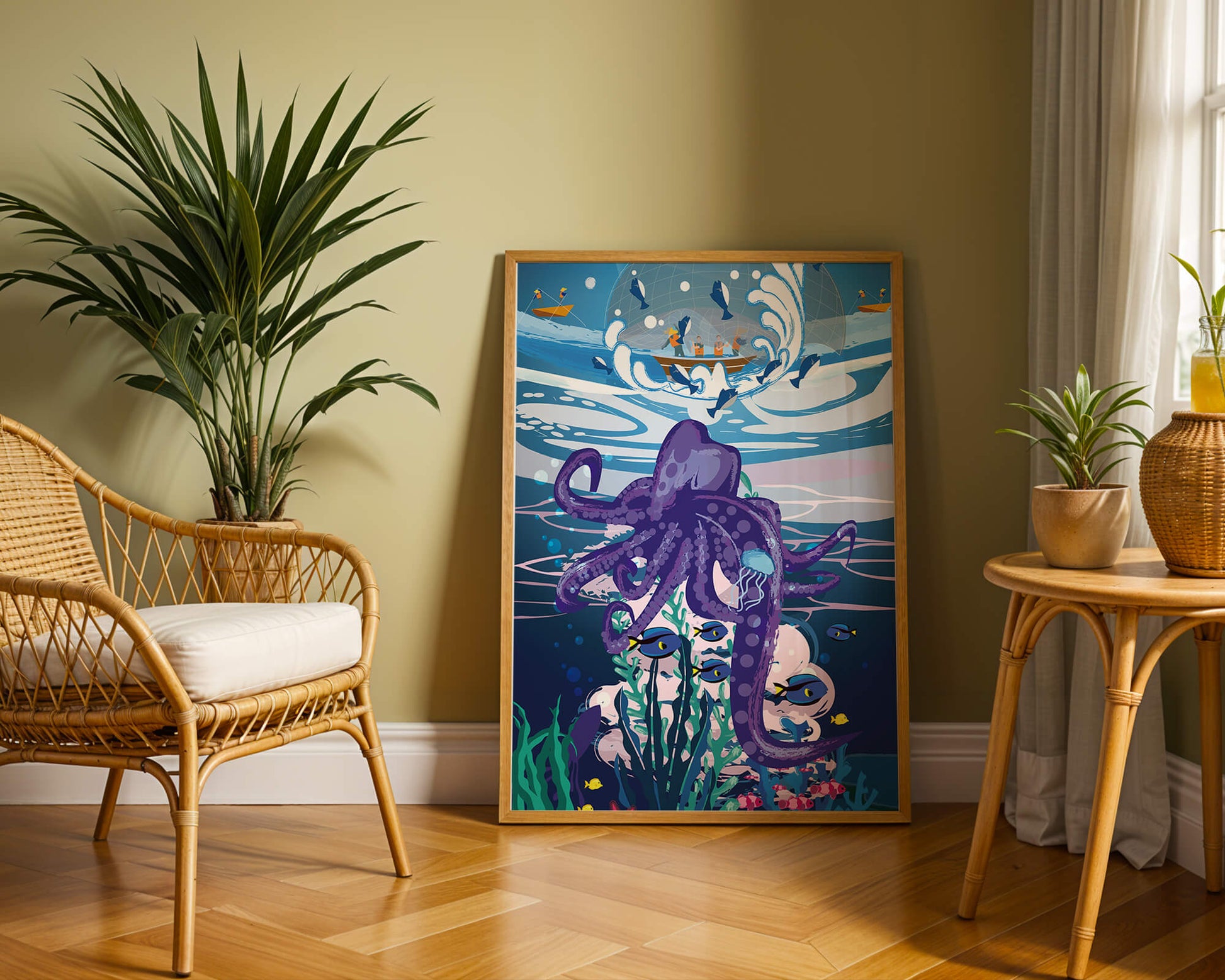 Colorful underwater scene with octopus and fishing boat above