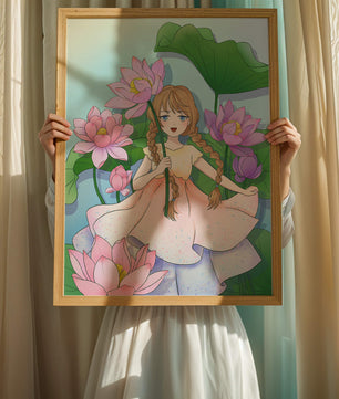 Illustration fantaisiste d'une jeune fille aux cheveux tressés parmi des fleurs de lotus