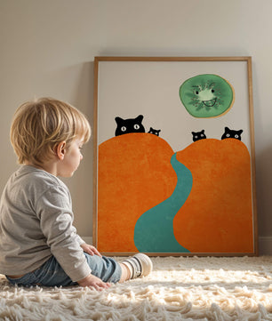 Playful Cats and Smiling Kiwi in Vibrant Hills