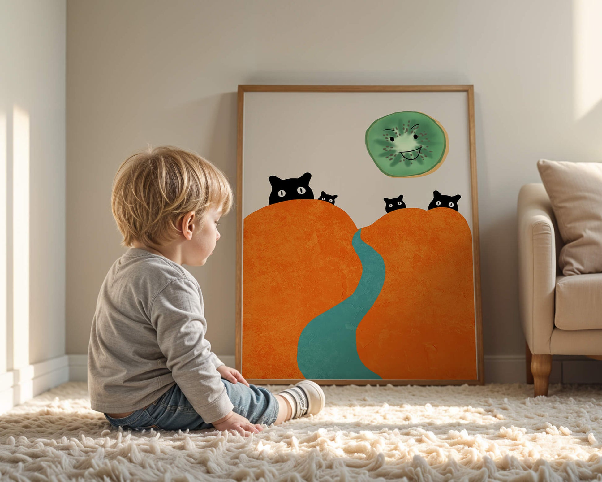 Playful Cats and Smiling Kiwi in Vibrant Hills