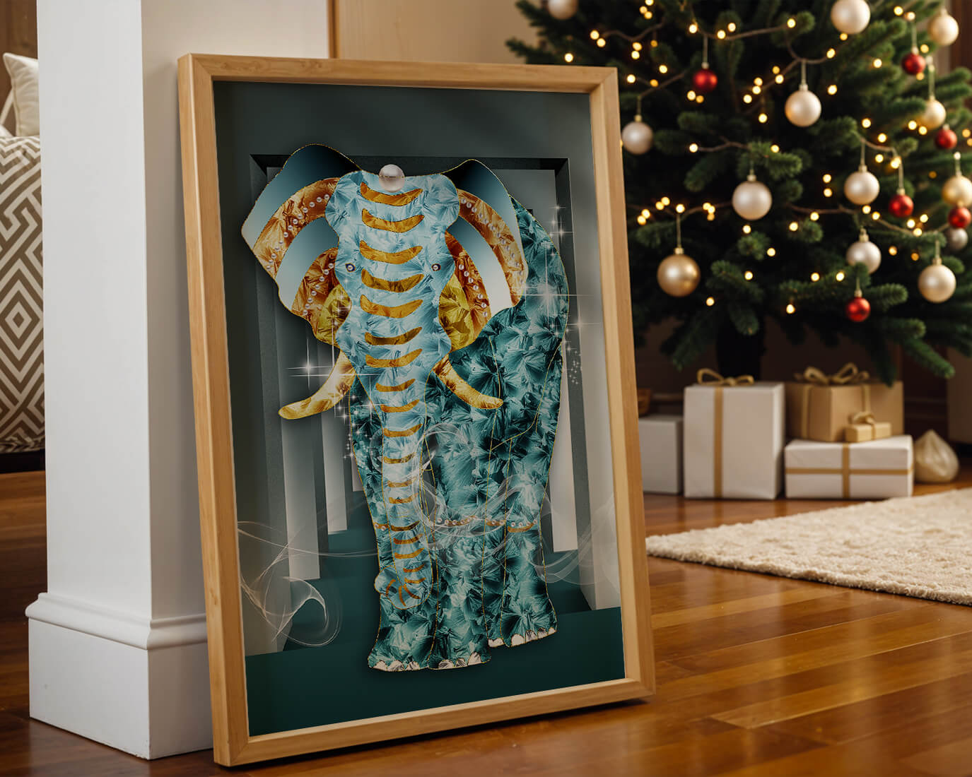 Elephant with Gold and Blue Textures in Surreal Geometric Background