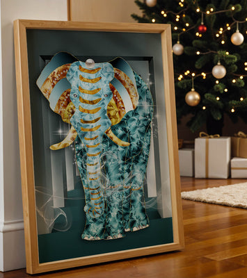 Elephant with Gold and Blue Textures in Surreal Geometric Background