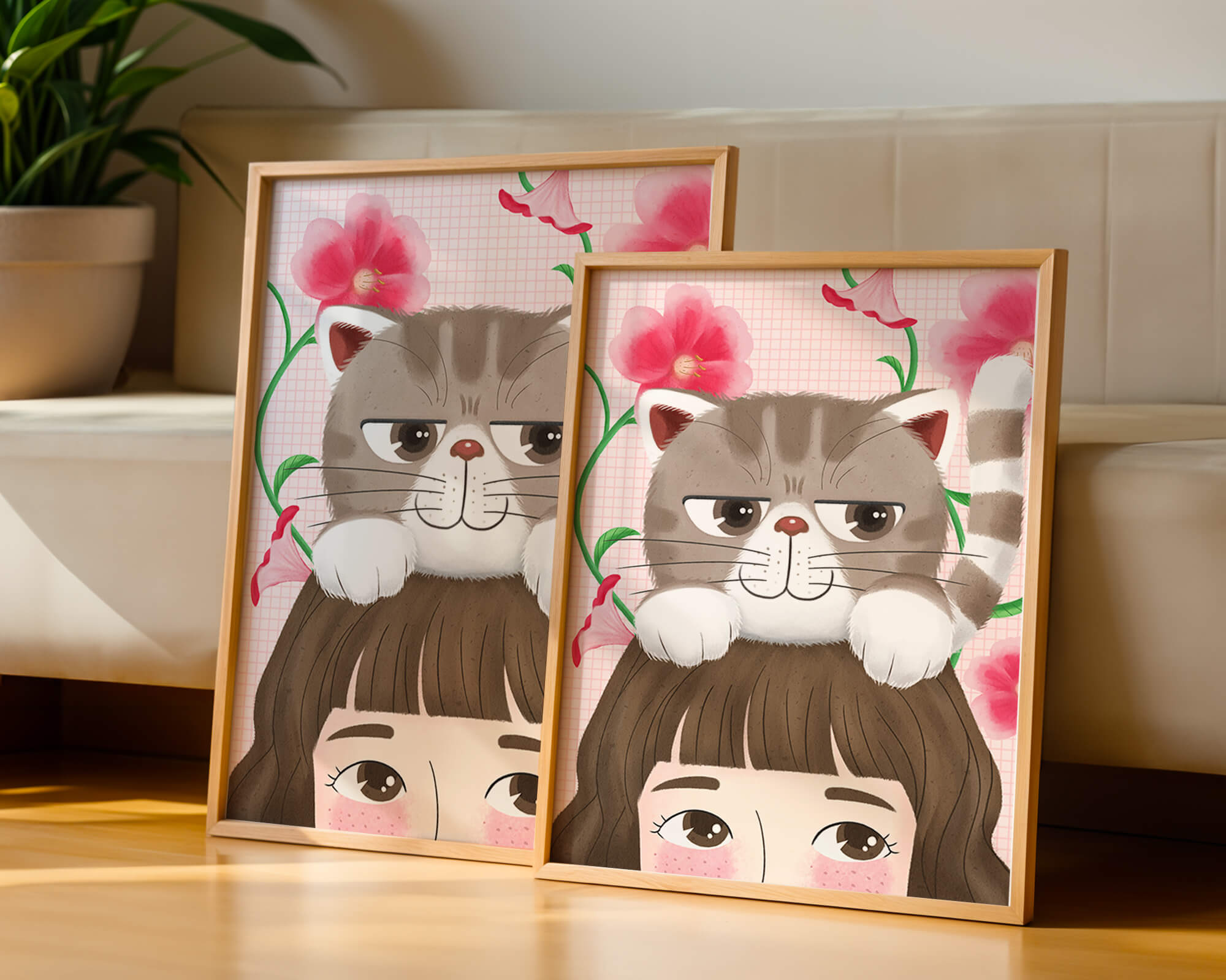 Illustration of a cat sitting on a person's head with pink flowers