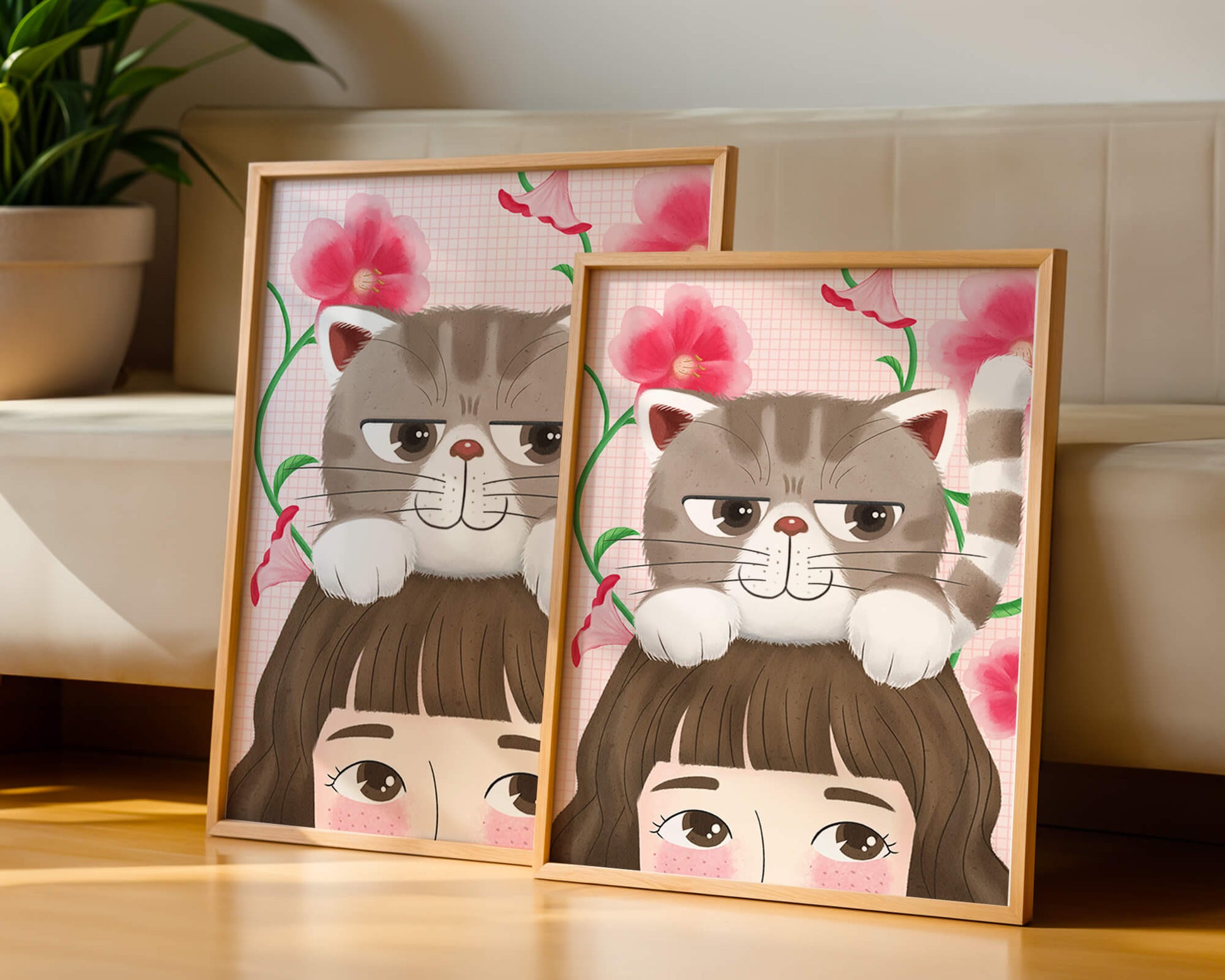 Illustration of a cat sitting on a person's head with pink flowers