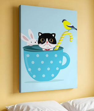 Playful illustration of cat, rabbit, and bird in a teacup
