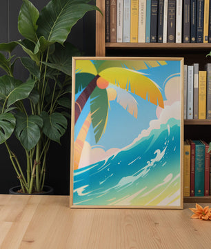 Escena vibrante de playa tropical con palmera y ola del océano