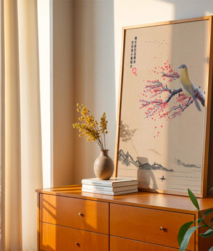 Traditional Chinese painting with bird and blossom branch over tranquil landscape
