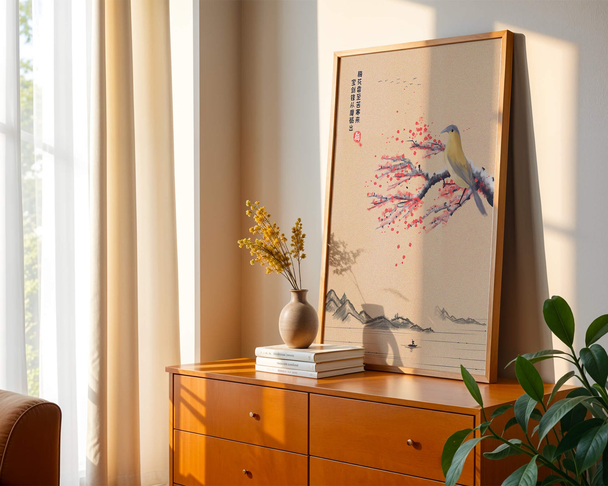 Traditional Chinese painting with bird and blossom branch over tranquil landscape