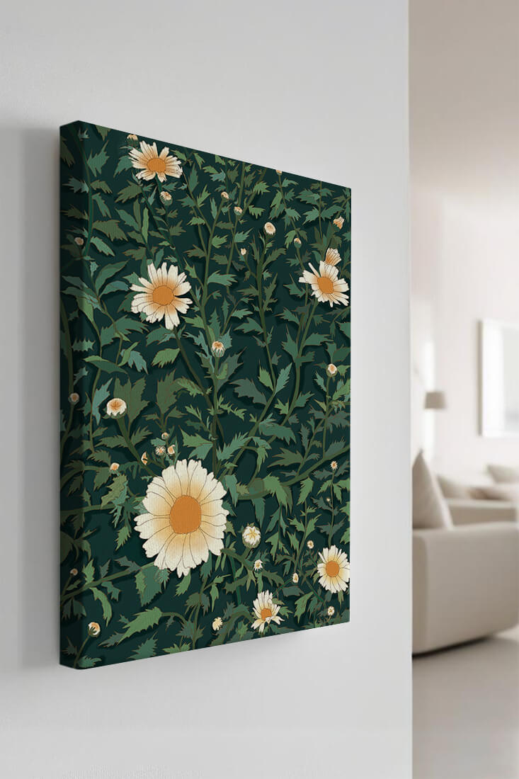 Floral pattern with daisies on a dark green background