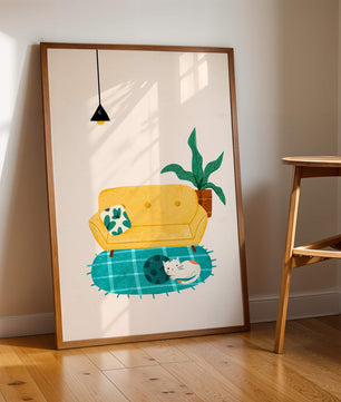 Cozy Living Room with Yellow Sofa and Sleeping Cat