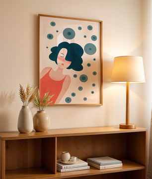 Dreamy Female Portrait with Abstract Circles in Modern Art Style - Mi tienda