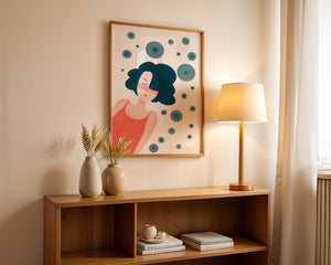 Dreamy Female Portrait with Abstract Circles in Modern Art Style - Mi tienda