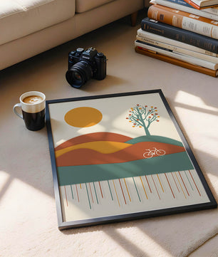 Abstract landscape with bicycle and tree in vibrant colors