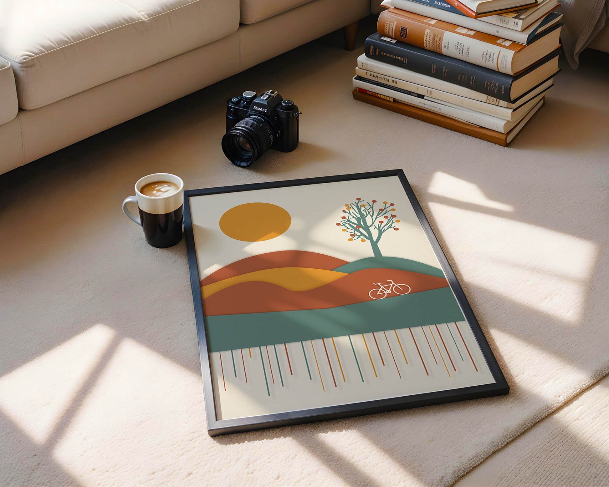Abstract landscape with bicycle and tree in vibrant colors