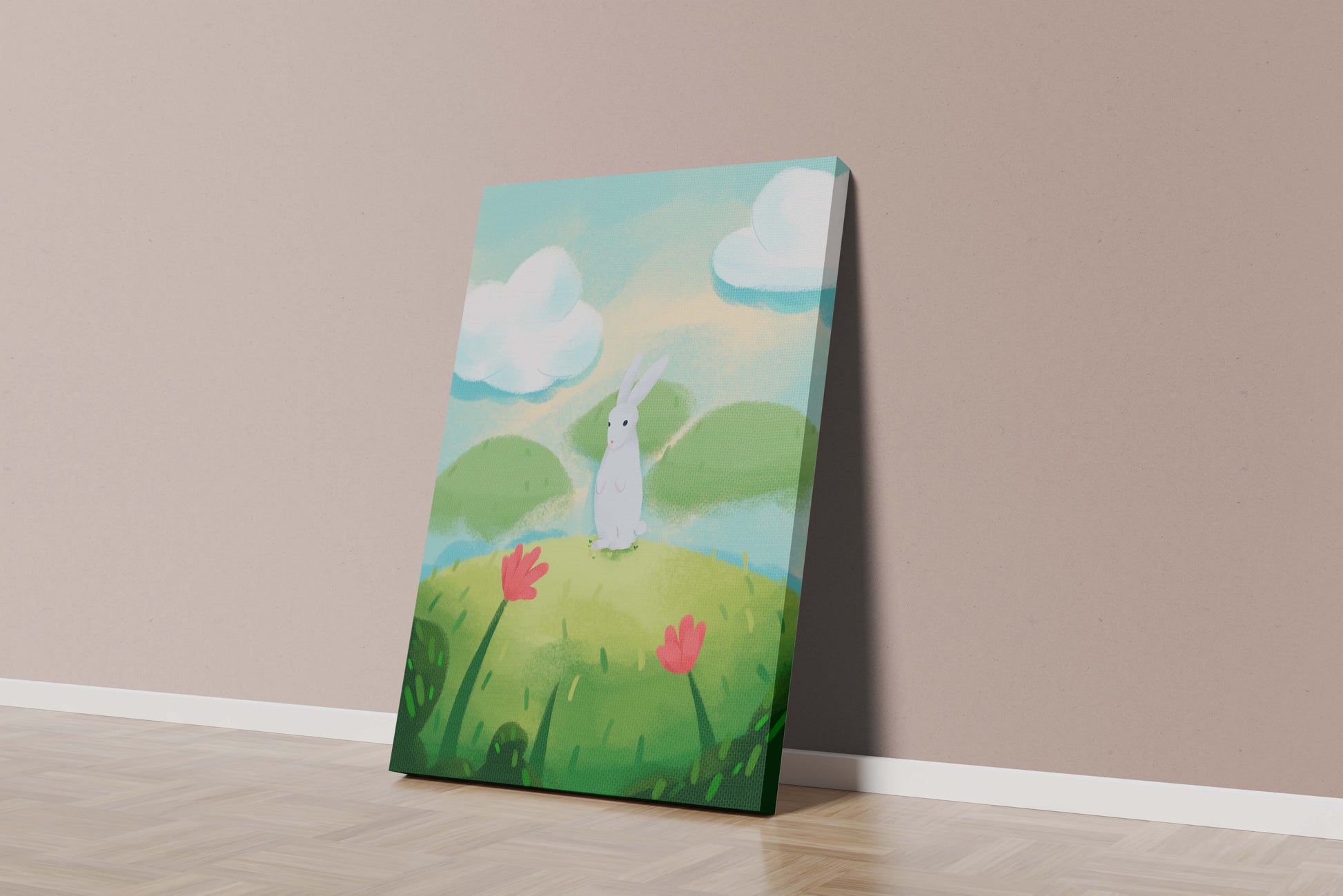 Whimsical landscape with rabbit and colorful flowers