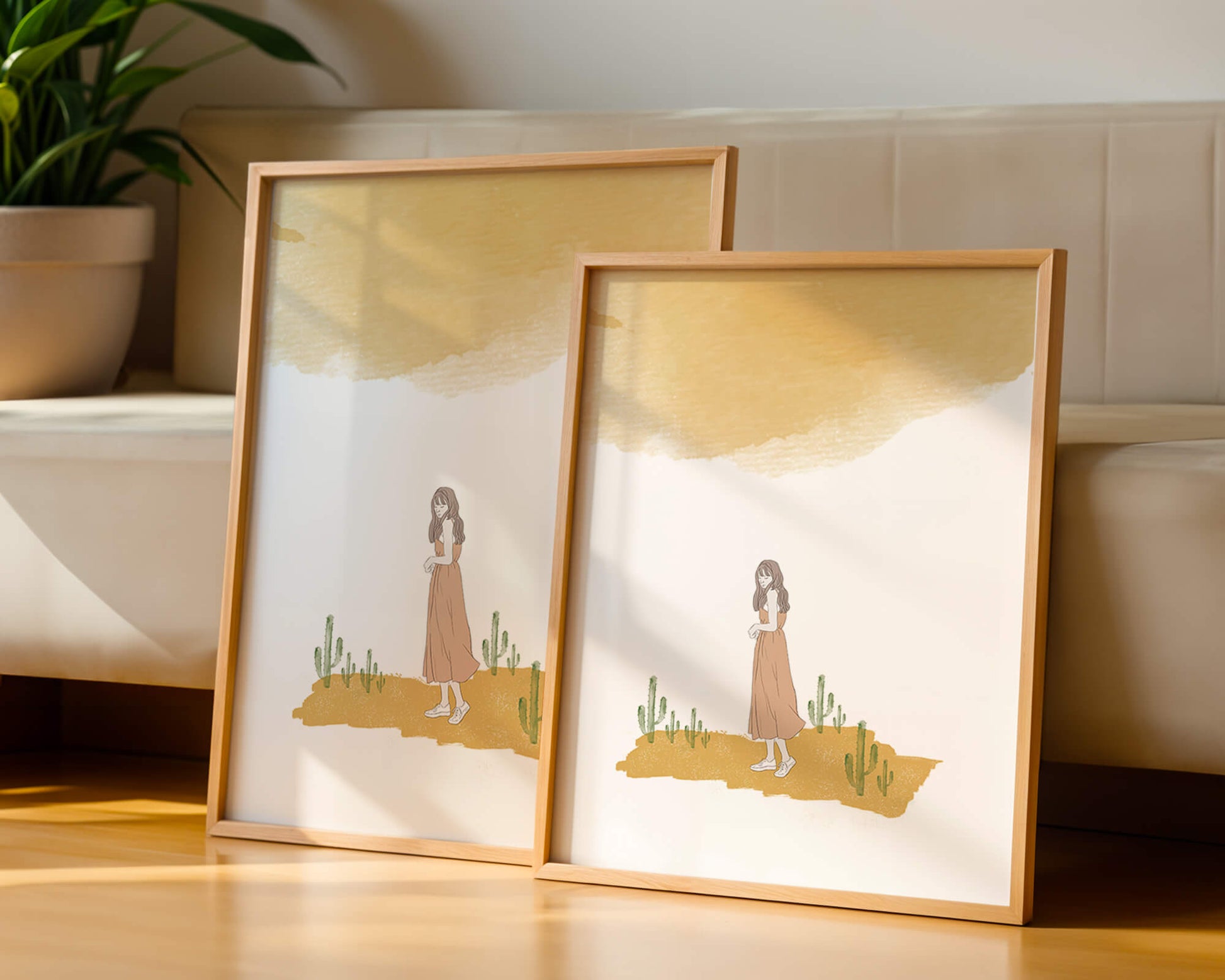 Fille en robe rose debout parmi des cactus sous un ciel aquarelle
