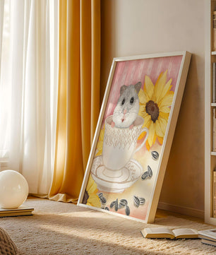 Hámster adorable en una taza de té con girasoles y semillas