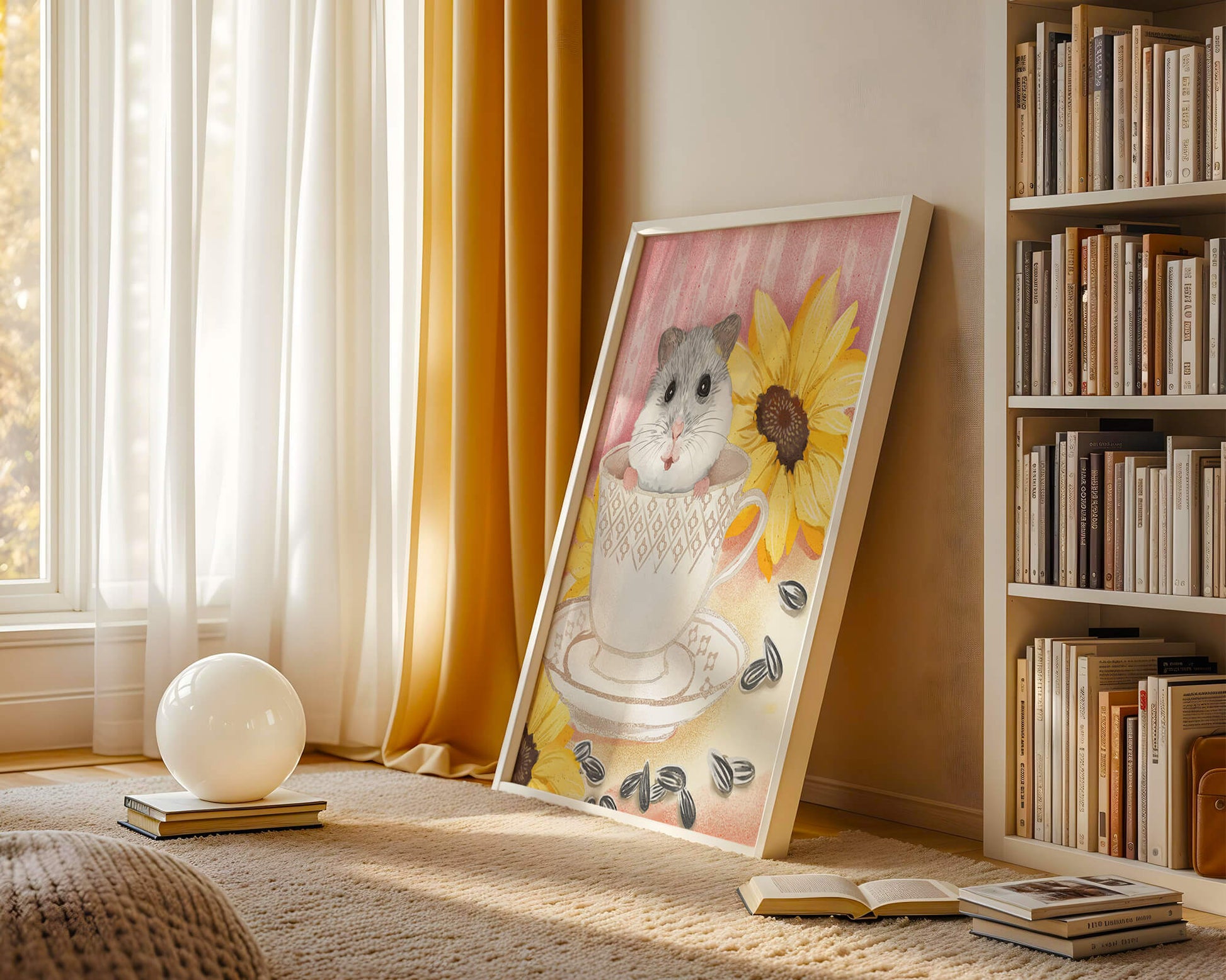 Adorable hamster in teacup with sunflowers and seeds