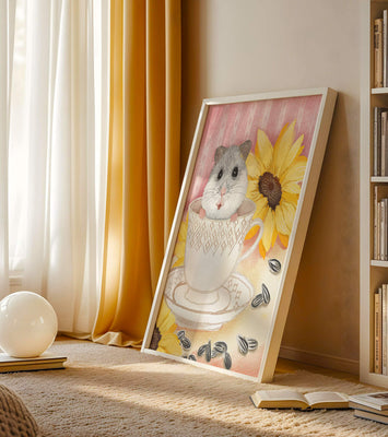 Adorable hamster in teacup with sunflowers and seeds