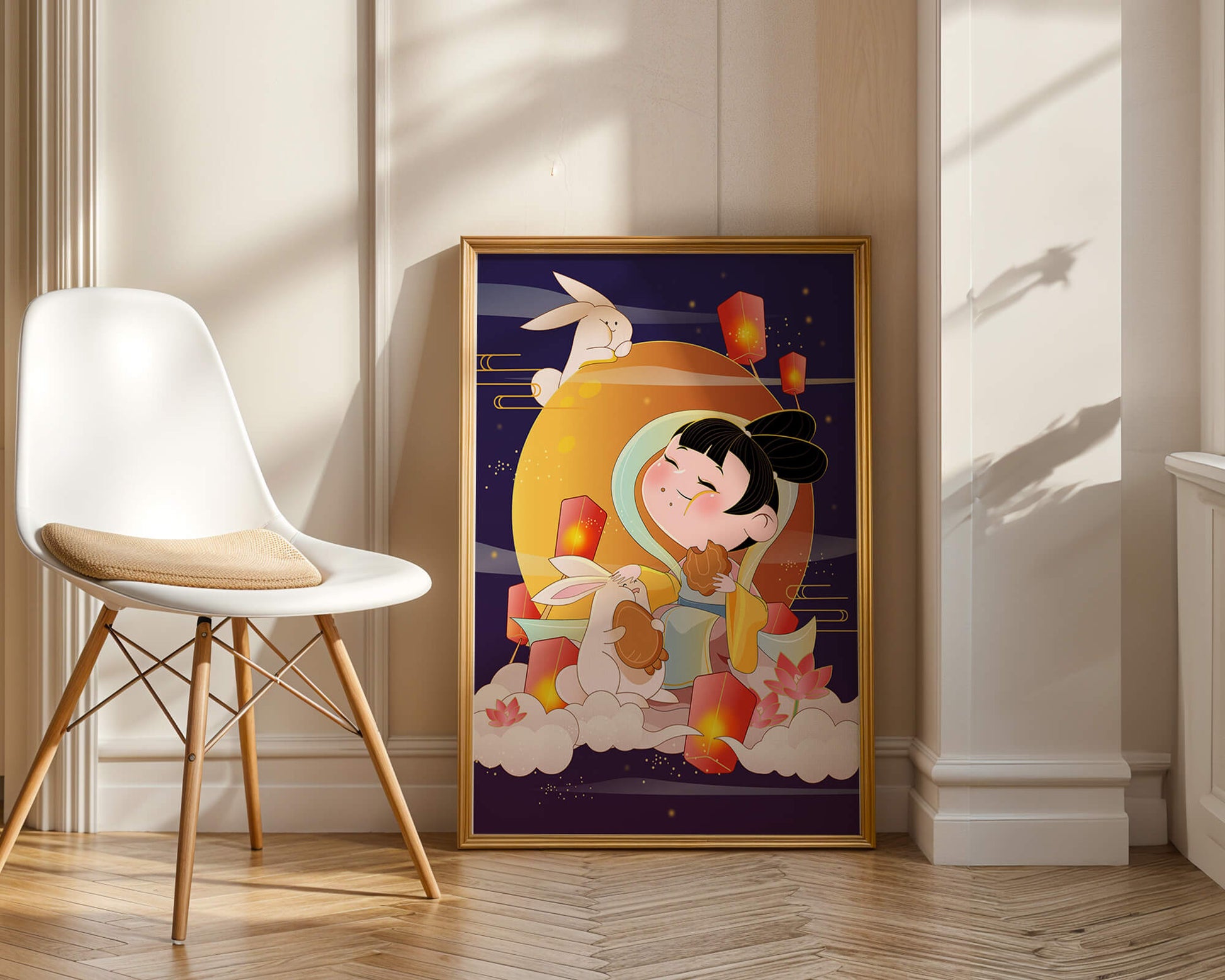 Illustration de déesse de la lune avec des lapins et des lanternes sur fond de mi-automne