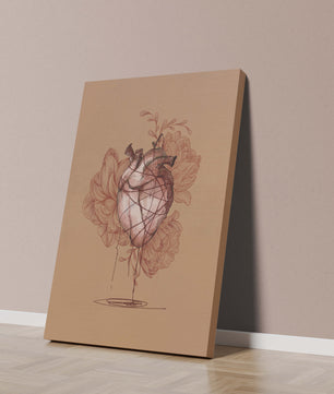 Ilustración detallada de un corazón anatómico con elementos florales sobre fondo beige