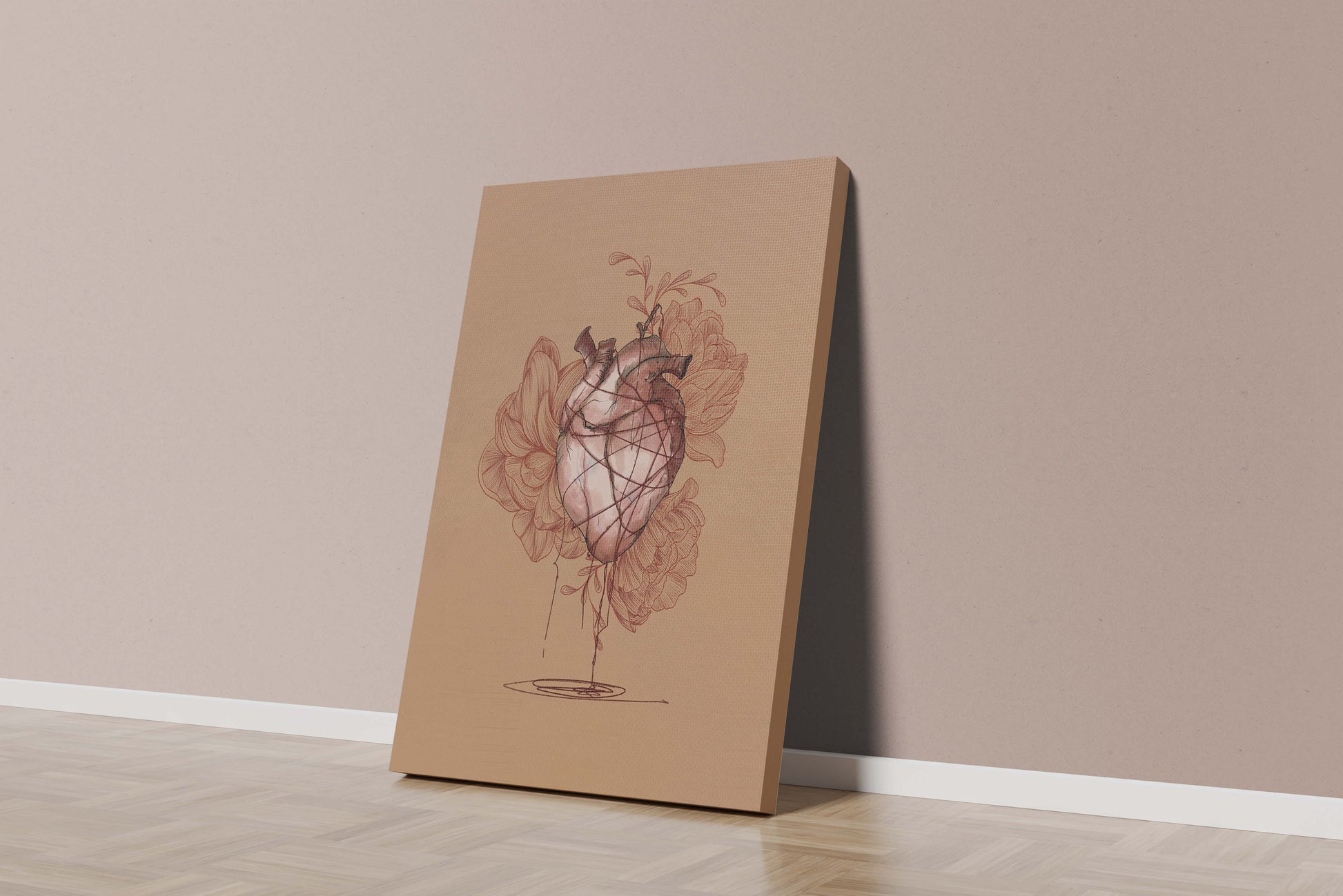 Ilustración detallada de un corazón anatómico con elementos florales sobre un fondo beige.