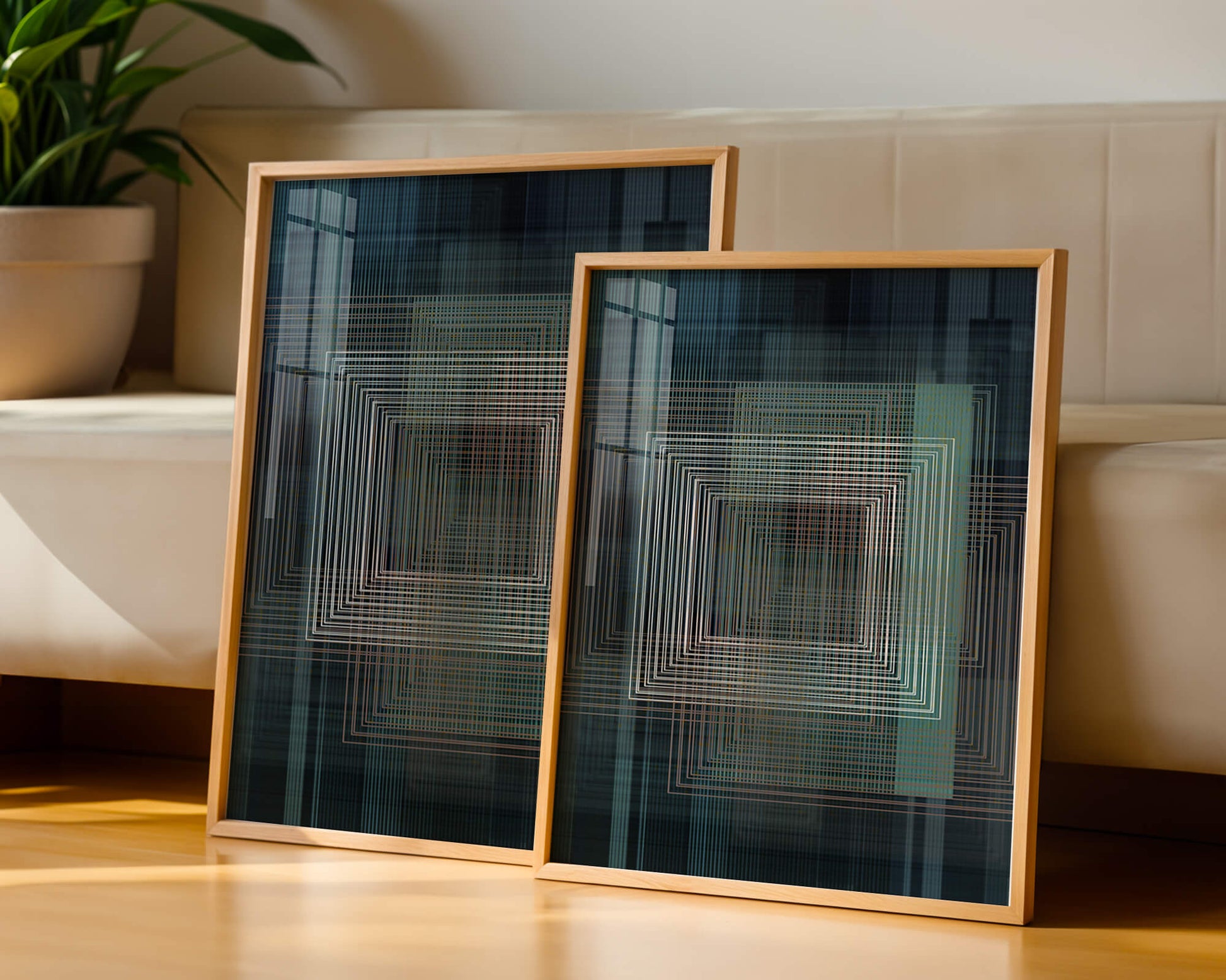 Art abstrait géométrique avec des carrés linéaires superposés
