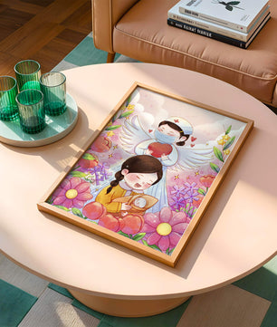 Escena ilustrada de un ángel de la salud con un niño y flores