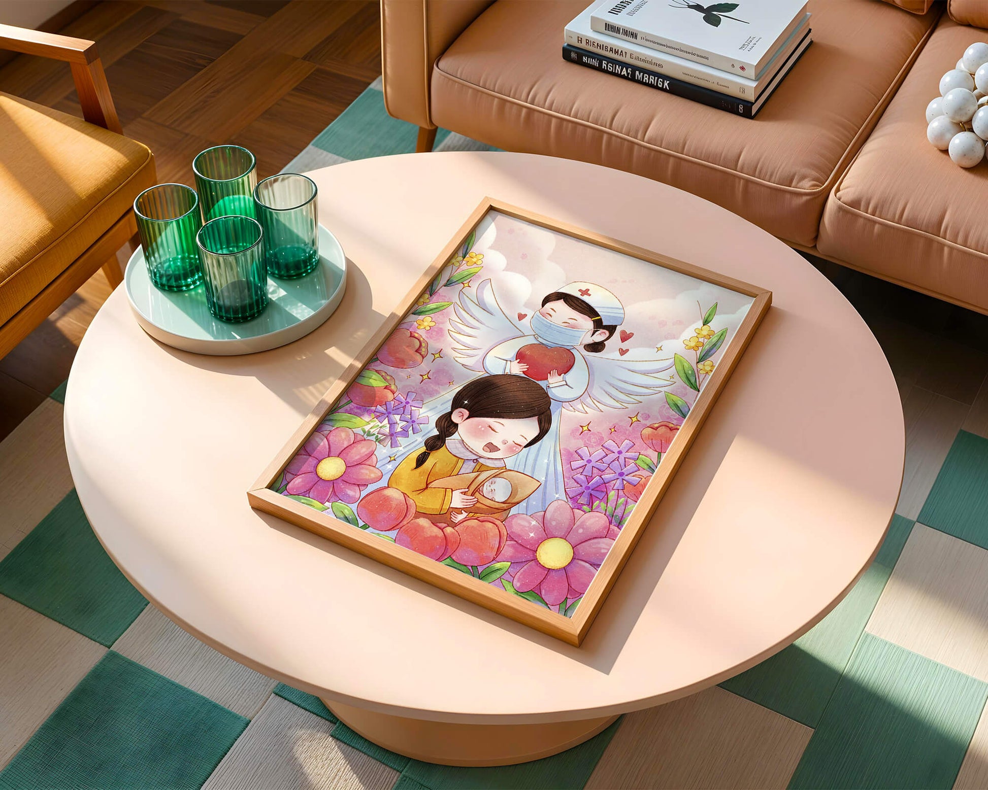 Illustrated scene of healthcare angel with child and flowers