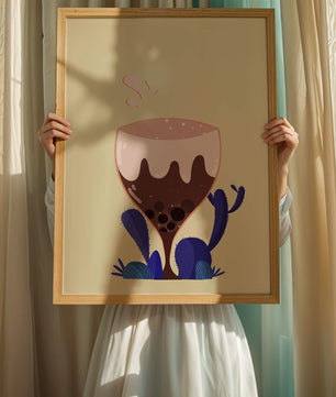Illustration eines skurrilen Weinglases mit Flüssigkeitsspritzern und violetten Pflanzen