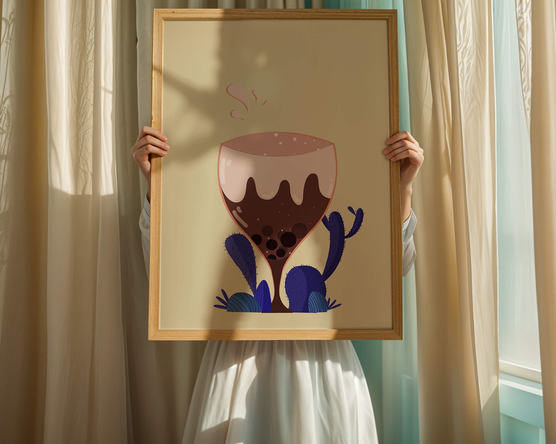 Illustration of a whimsical wine glass with liquid splash and purple plants