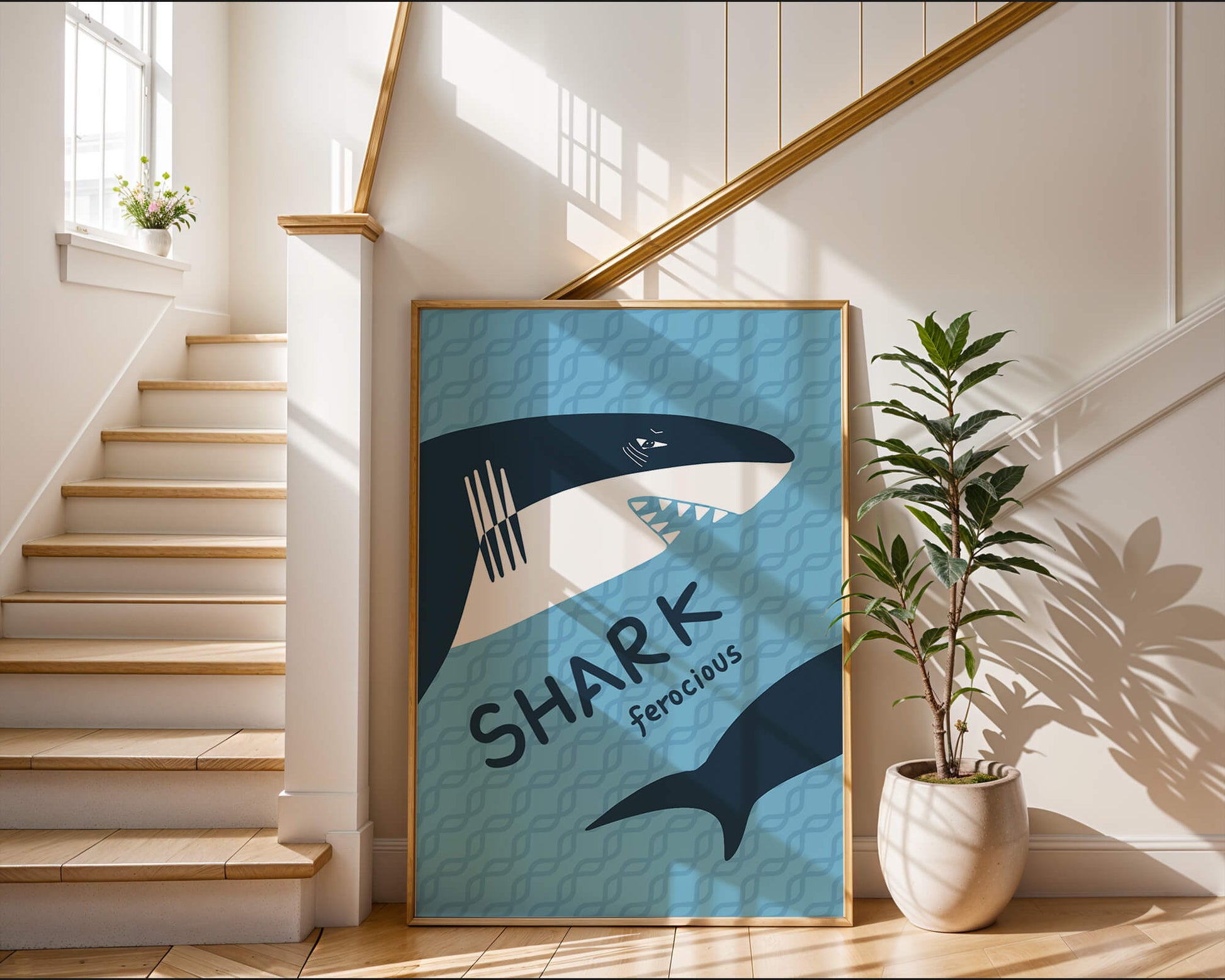 Illustrated shark graphic with blue background and typography