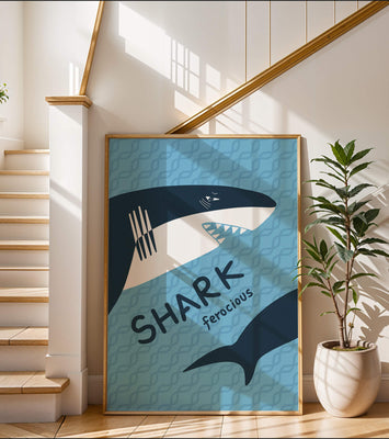 Illustrated shark graphic with blue background and typography