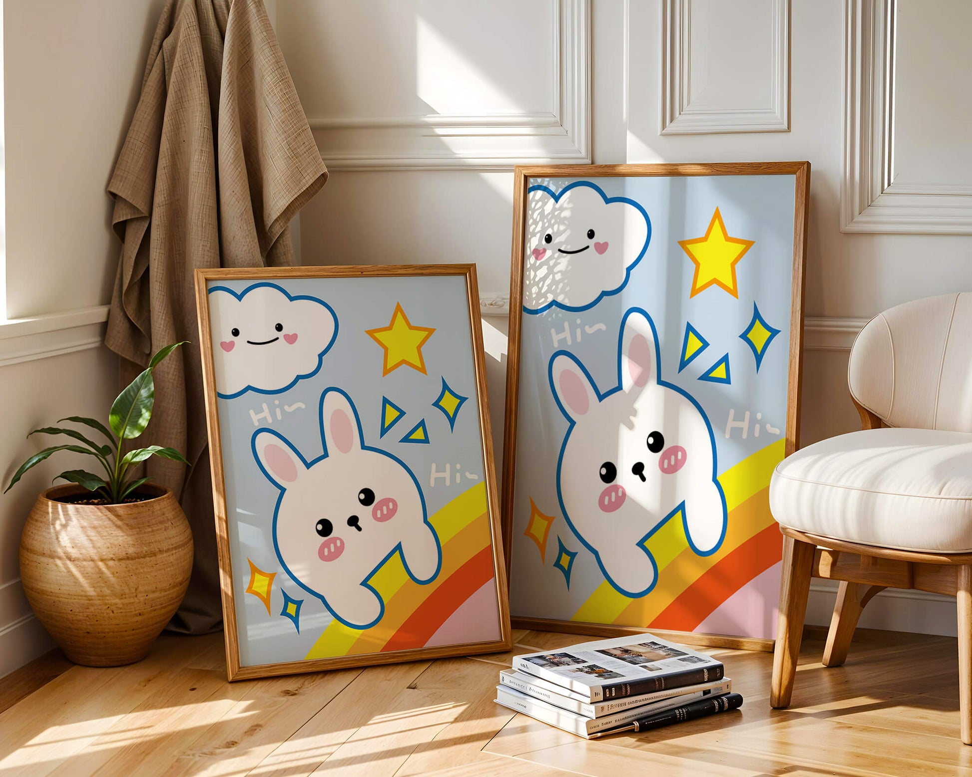 Whimsical cartoon bunny with cloud and rainbow theme