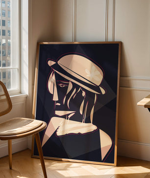 Stylized Portrait of a Woman in a Hat with Geometric Elements - Mi tienda